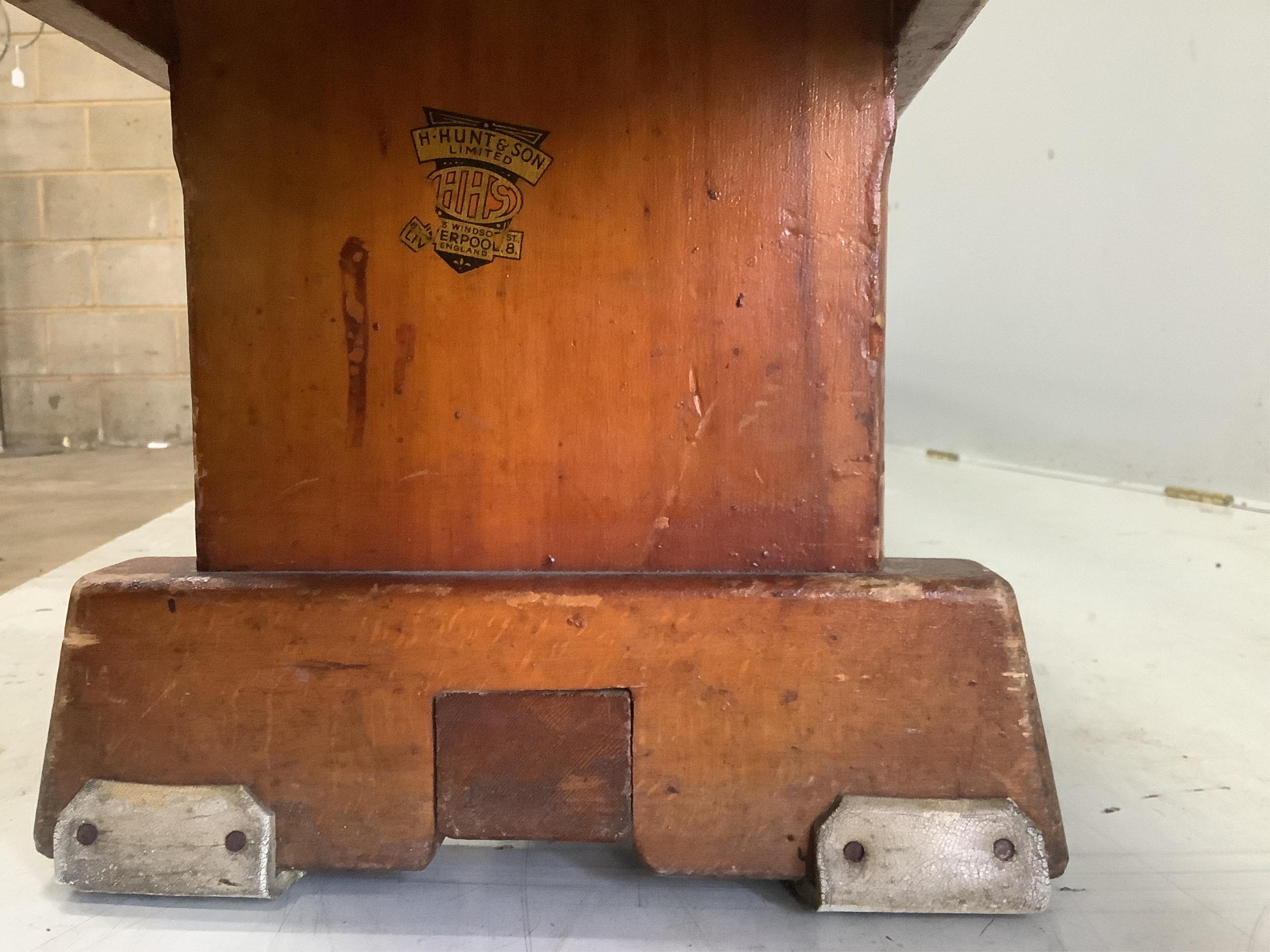 A set of three vintage stained beech gymnasium benches, length 335cm, height 31cm. Condition - well used but fair